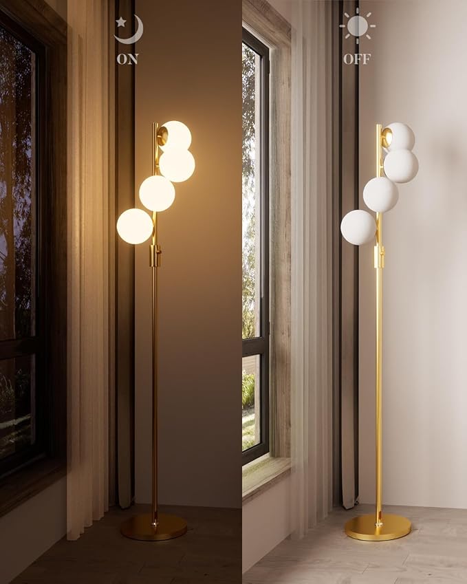 Gold Globe Floor Lamp Dimmable 64IN Tall Standing Lamps with Soft Warm White Eye Care 3000K G9 Bulbs, Mid Century Modern Floor Lamp for Living Room Bedroom