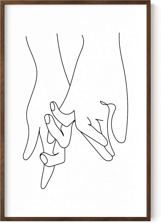 Holding Hands Wall Art Interlocking Fingers Continuous Line Drawing Love Connection 24x36 Inch Oak Wood Walnut Framed Modern Romance Print for Bedroom