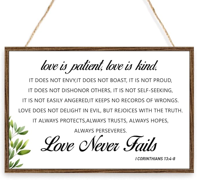 I Corinthians 13:4-8, Love is Patient Love is Kind Wood Sign, Scripture Wall Art Decor for Living Room, Religious Signs for Home, Positive Bible Verse Wooden Plaque