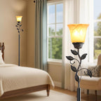 72” Flower Farmhouse Floor Lamp for Living Room, Unique Rustic Leaf Tall Standing Lamp with Amber Glass Shade and Traditional Foot Switch for Bedroom, Corner, Office, Bulb Included (Bronze)