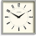 JONES CLOCKS® Box Wall Clock | Retro Square | 10 inch | Gray | Easy to Read Numbers | Perfect Kitchen or Office Clock