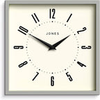 JONES CLOCKS® Box Wall Clock | Retro Square | 10 inch | Gray | Easy to Read Numbers | Perfect Kitchen or Office Clock