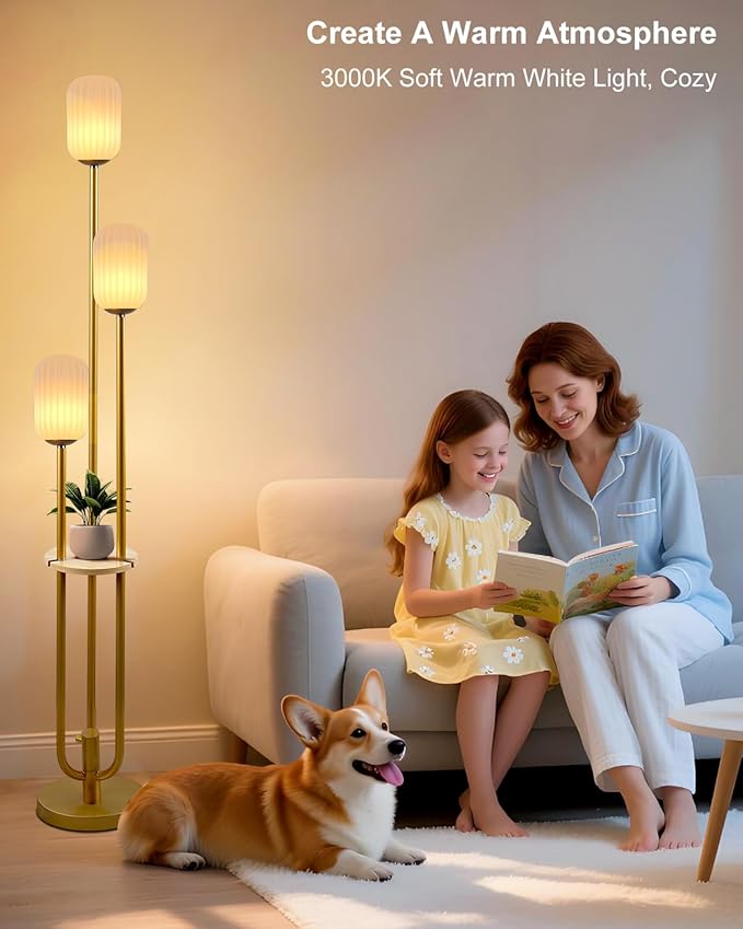 Lightdot Gold Dimmable Floor Lamp with Shelf, Modern Floor Lamps with Oval Striped Lampshade 3000K Bulb Included 3-Lights Candle Holder Style Tall Lamp for Living Room/Bedroom/Sofa Beside/Corner Decor