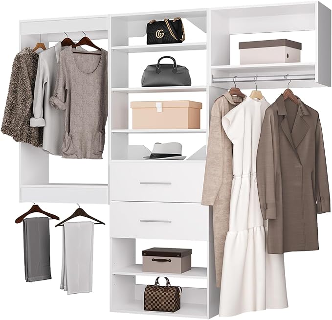 ROOMTEC Modular Closet System, 72" Wall Mounted Modern Closet Organizer with Hanging Rods and Drawers, Wooden Tower for Walk-In Closets, Wardrobe Storage Kit, White