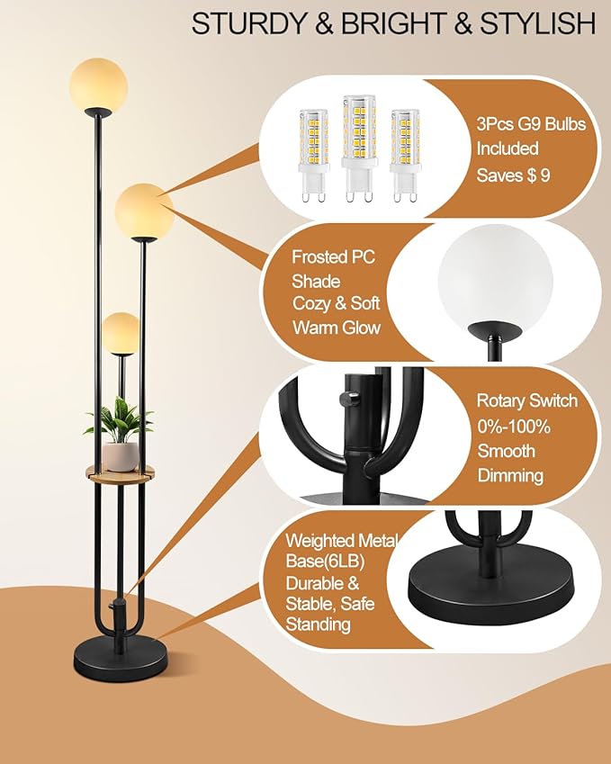Lightdot Full Dimmable Floor Lamp for Living Room 3-Globe Standing Lamp with Table Candle Holder Style Black Tall Lamps for Bedroom/Sofa Beside/Corner Decor with 3000K Soft Warmwhite Bulbs Included