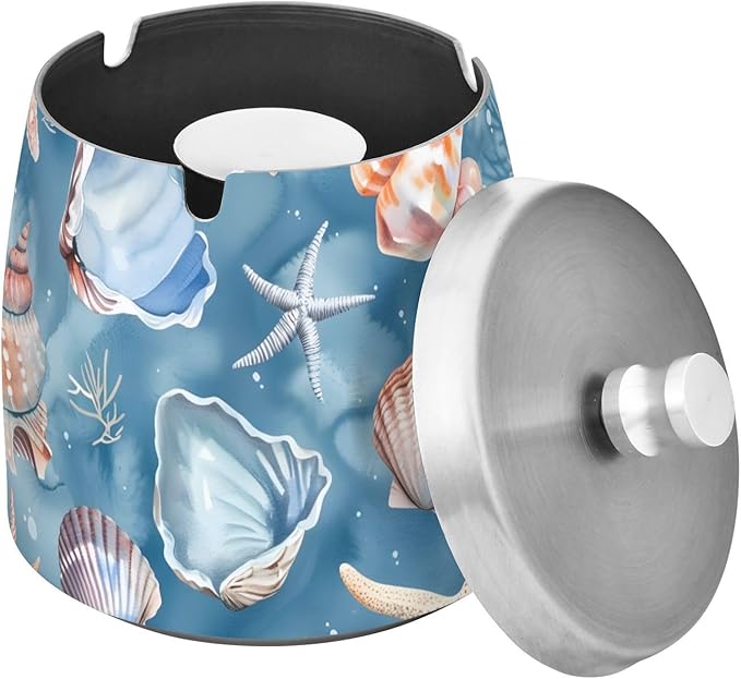 Starfish Coral Blue Ashtray with Lid, Outdoor Ashtrays for Patio, Stainless Steel Ashtray Odorless Smokeless for Home Office Balcony
