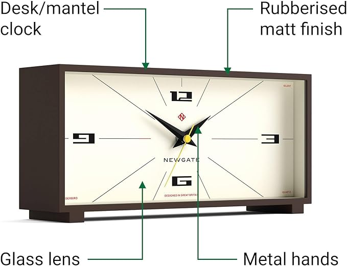 NEWGATE® Thunderbird Desk Clock | Retro Contemporary Rectangular Design | Mocha Brown | Modern mid Century Style for Desk, Mantel, Table top or Shelf