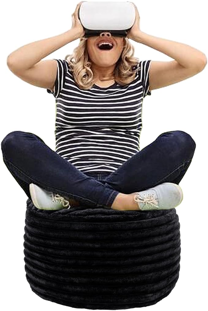Asuprui Pouf Ottoman Stuffed Footstool Floor Pouf Foot Rest 20x12 Inches Round Poof Seat Floor Bean Bag Chair Foldable Floor Chair Storage for Living Room Bedroom Black Stripe Pouf with Filler