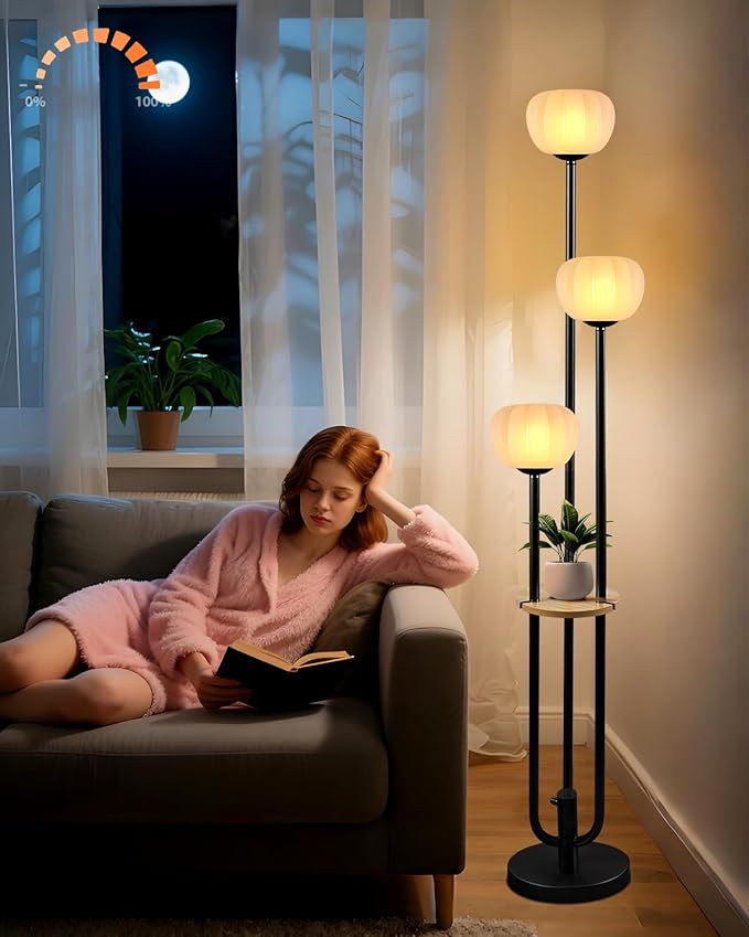 Lightdot Black Floor Lamp with Table, Modern Dimmable Floor Lamps with Pumpkin Lampshade, 3000K Warm White Bulbs Included, 3-Light Tall Standing Lamp for Living Room/Bedroom/Sofa Beside/Corner Decor
