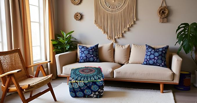 CRAFT KALA Indian Square Patchwork Traditional Pouf Cover Indian Living Room Pom Poufs Cover Decorative Designer Ottoman Home Living Footstool Chair Cover Ottoman Decor 18X18X14 inches, Blue Mirchi
