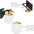 Ralbay Black and Gold Bathroom Vanity Light 2-Light Mid Century Modern Vanity Light Fixtures Black Milky Glass Globe Wall Light for Bathroom