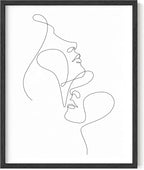 Minimalist Face to Face Wall Art Two Portraits Continuous Line Drawing 16x20 Inch Oak Wood Black Framed Modern Aesthetic Profile Print for Bedroom Decor