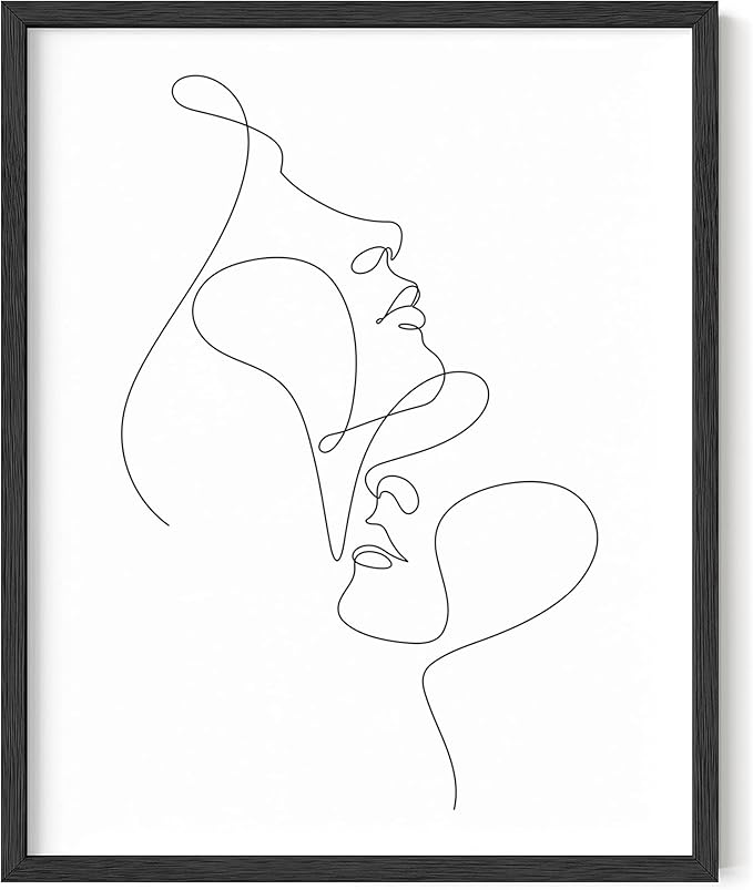 Minimalist Face to Face Wall Art Two Portraits Continuous Line Drawing 16x20 Inch Oak Wood Black Framed Modern Aesthetic Profile Print for Bedroom Decor