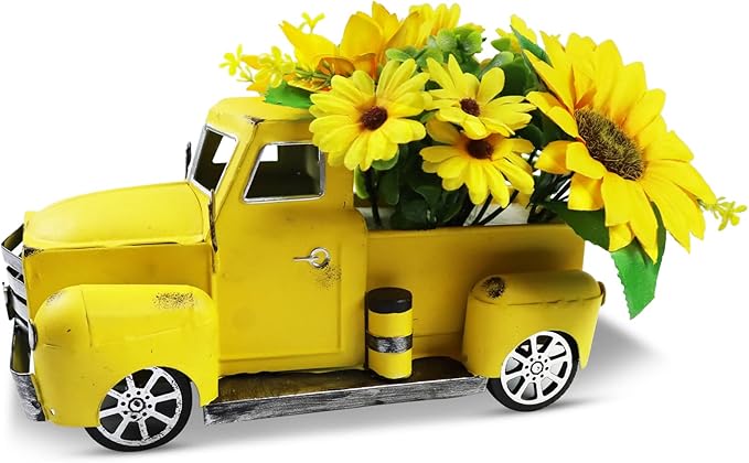 Sunflower Metal Truck with Artificial Flower Vintage Farm Pickup Farmhouse Tabletop Tiered Tray Decor, Rustic Farmhouse Decor for Table Top Decor Home Kitchen(Yellow)