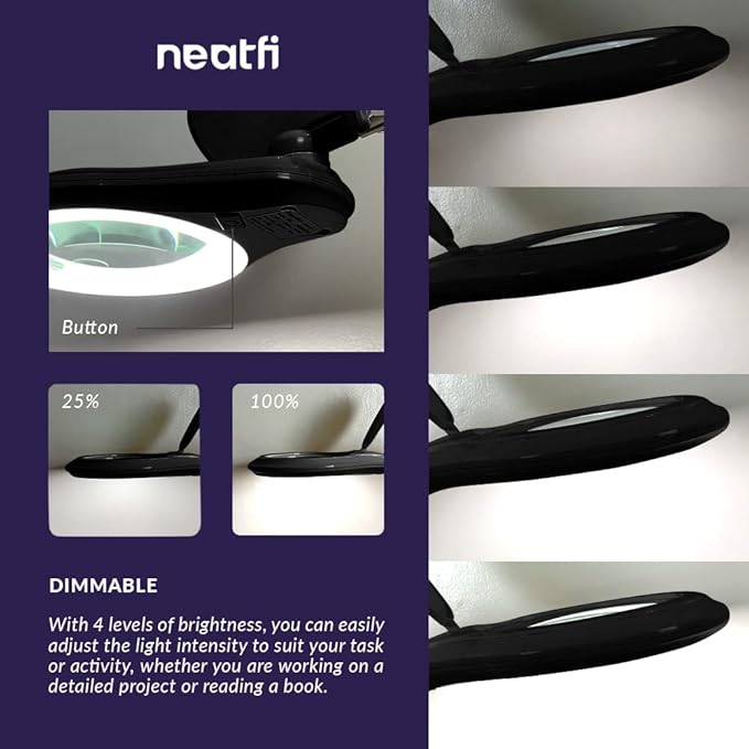 Neatfi 1,200 Lumens LED Magnifying Lamp with Clamp – 5-Inch Lens, 8 Diopter, Dimmable, Adjustable Arm, Includes Microfiber Cloth, Lamp for Reading, Sewing, Crafting (Black, 8 Diopter)