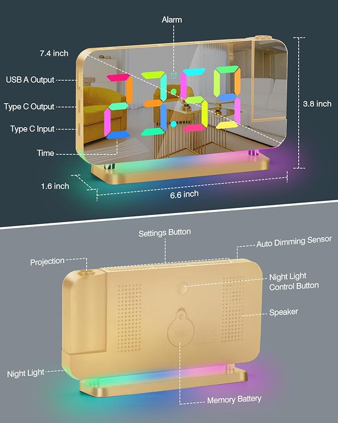 SZELAM Projection Alarm Clock,7.4" LED Mirror Digital Clocks Large Display,with 180° Rotatable Projector,RGB Night Light,USB C Port,Auto Dimmer, Loud Desk Clock for Heavy Sleeper Bedroom - Gold