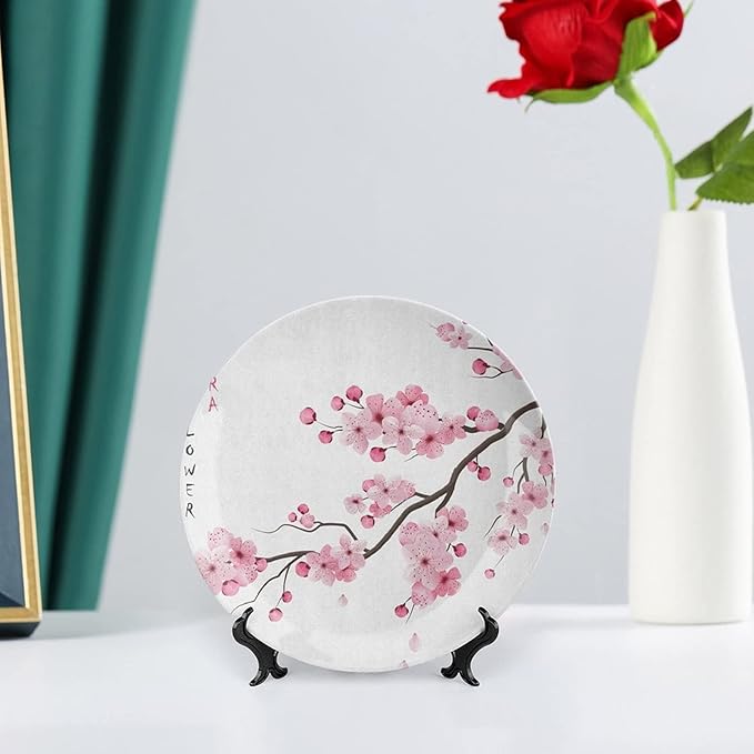 Ceramic Display Plate, Asian Ceramic Hanging Decorative Plate, Japanese Cherry Blossoms Spring Themed, 10 Inch, Living Room Kitchen Decoration Household, Pink White