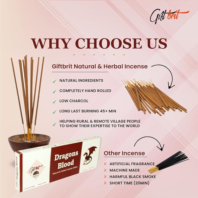 Giftbrit Dragons Blood Natural & Herbal Incense Sticks 100 Sticks with Incense Holder for Meditation, Yoga, Church, Relaxation, Healing and Positivity
