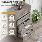 5 Drawer Dresser for Bedroom - Farmhouse 44.9" Tall Chest of Dresser with Large Storage, Rubst Wood Construction for Living Room, Hallway & Entryway - Gray