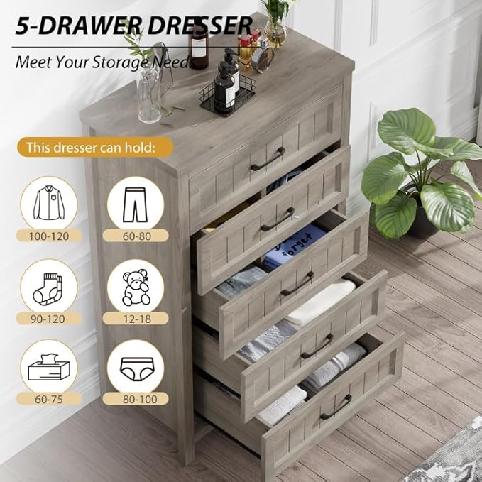 5 Drawer Dresser for Bedroom - Farmhouse 44.9" Tall Chest of Dresser with Large Storage, Rubst Wood Construction for Living Room, Hallway & Entryway - Gray