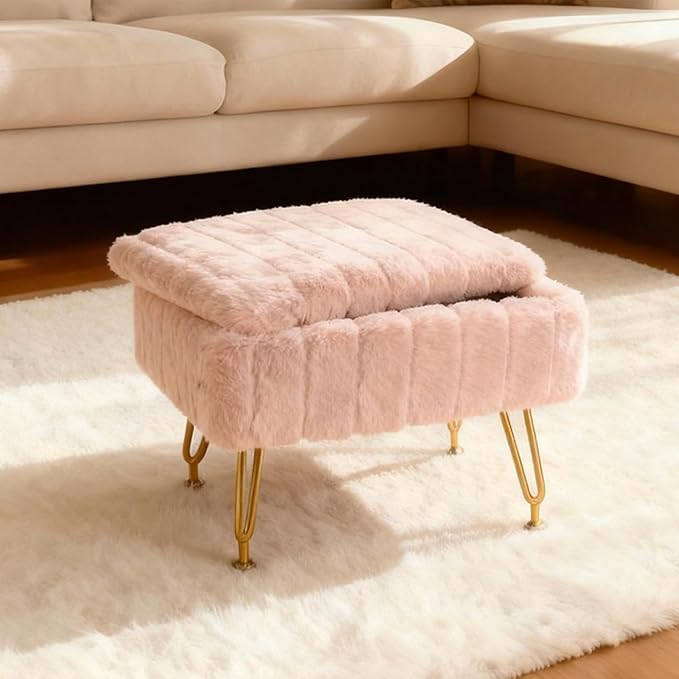 ACEQLYT® Small Foot Stool Ottoman with Storage, Foot Rest for Couch and Chair, Pink Faux Fur Storage Ottoman with Gold Metal Legs and Padded Seat