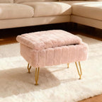 ACEQLYT® Small Foot Stool Ottoman with Storage, Foot Rest for Couch and Chair, Pink Faux Fur Storage Ottoman with Gold Metal Legs and Padded Seat