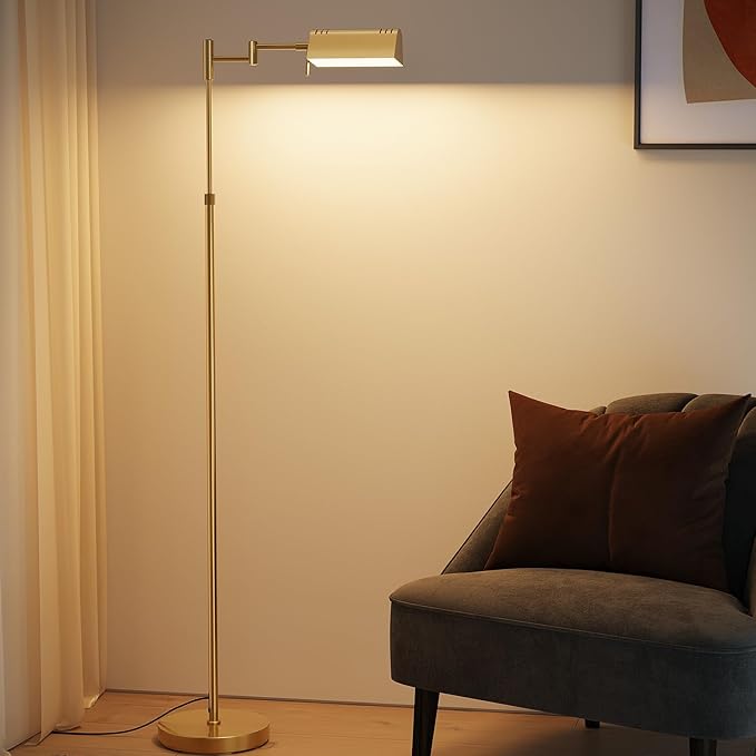 SUNMORY Dimmable LED Pharmacy Floor Lamp, 16W/1500LM Bright Reading Floor Lamp with Remote & Touch Control, 350°Swing Arm, Adjustable Task Craft Standing Lamp for Living Room Bedroom Office, Gold