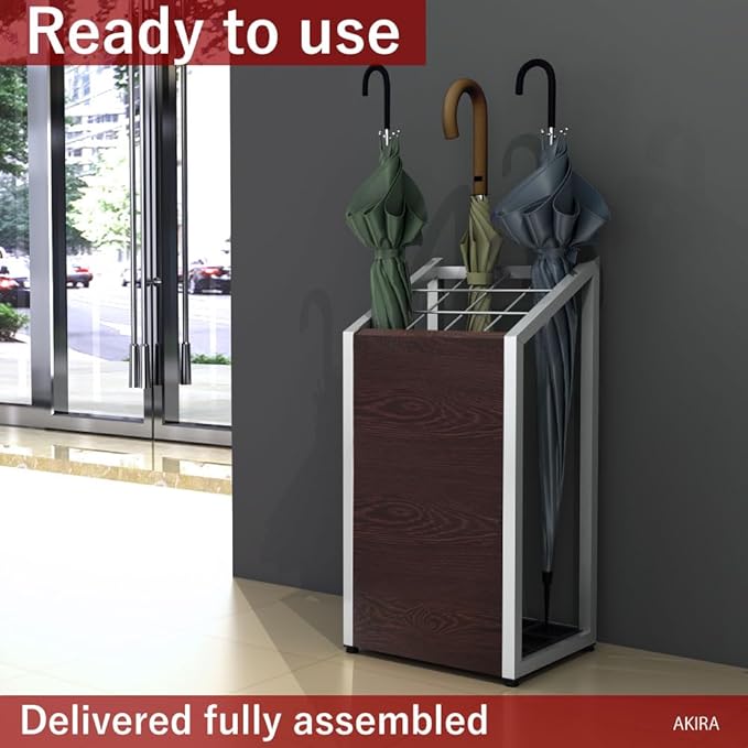 AKIRA Mid-Size Umbrella Stand for 12-Umbrellas Modern Brown Wood Grain & Gray Metal Entryway Organizer Rack Holder for Office or Lobby, Model US-US-0325-GYDB