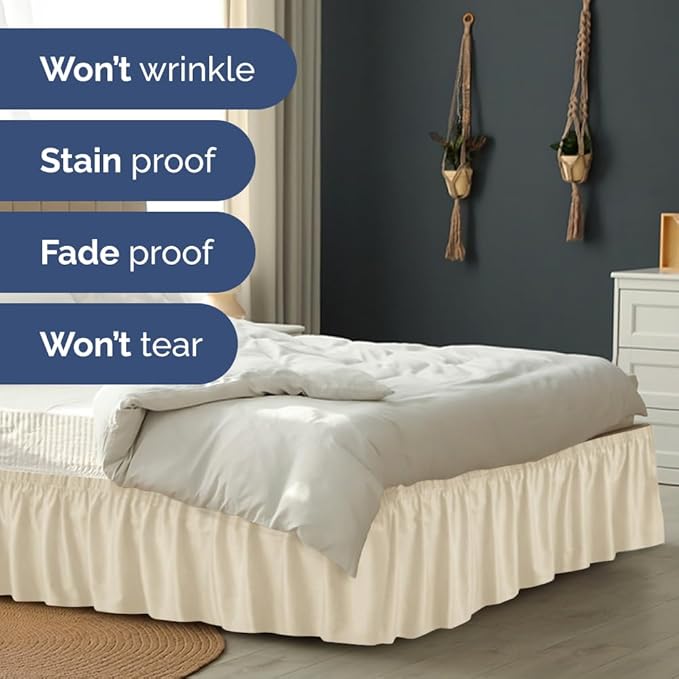 Wrap Around Dust Ruffle Bed Skirt - Off White - Twin/Twin XL Size Beds w/ 12 Inch Drop - Easy Fit Elastic Strap- Adjustable Pleated Bedskirt w/Brushed Fabric - Wrinkle Free - Women, Men, Kids & Teens