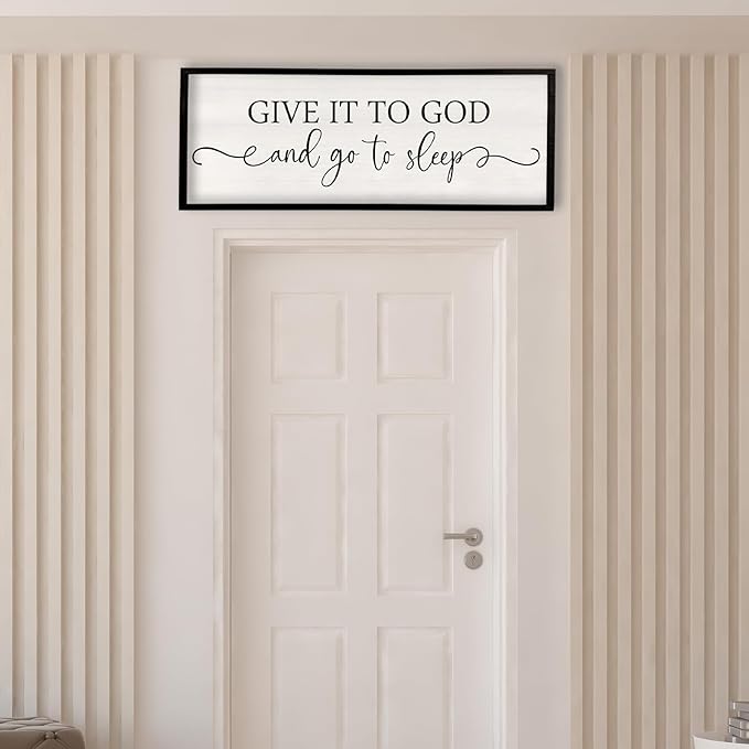 Surfapans Give It To God And Go To Sleep Sign Wall Decor Above Bed 32"x12" Master Bedroom Guest Room Over Bed Wood Rustic Framed Wall Art (Black)