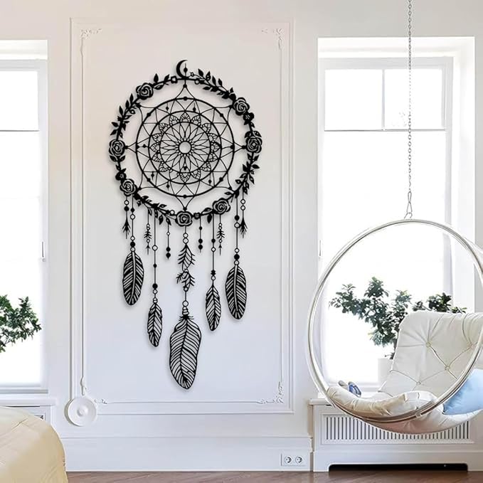 Maclou Metal Dream Catcher Wall Decor, Metal Feather Wall Art, Boho Dream Catcher Wall Decor for Living Room, Bedroom, Girls Room (Black,19x9 inch / 47x22 cm)
