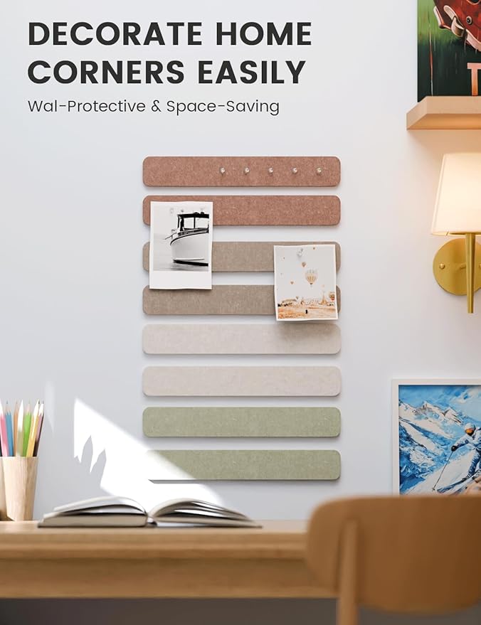 Fluxynara Cork Board Alternative Felt Strip Board 8-Pack 13"x2", Office Pin Board with 50 Push Pins, Adhesive Install for Bedroom Door & Home Office(Boho)