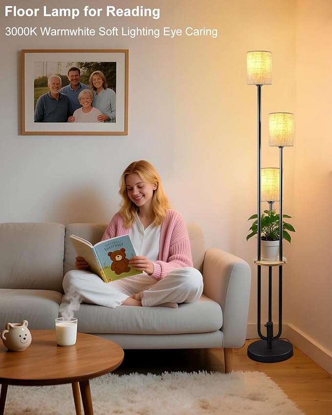 Lightdot 64Inch Floor Lamp with Table Dimmable Black Floor Lamp for Living Room 3 Lights Mid Century Modern Tall Standing Lamp with Fabric Shade for Bedroom/Sofa Beside/Corner Decor(Bulbs Included