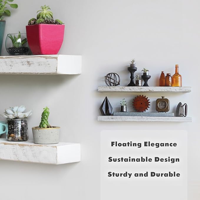 Urban Legacy Reclaimed Barnwood Planks | Floating Shelves for Wall w/Flush Mount Shelf Bracket Set Included | Set of 2 (White Wash, 18"x 7"x 2")