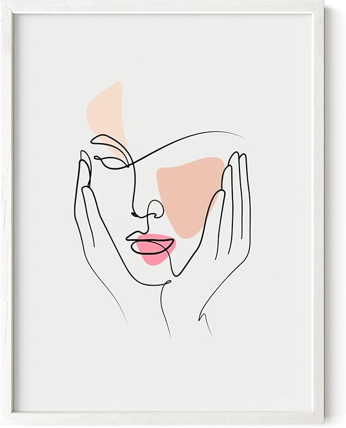 Aesthetic Face Wall Art Hands on Cheeks Continuous Line Drawing Abstract Pink Shapes 12x16 Inch Oak Wood White Framed Modern Portrait for Bedroom Vanity