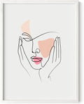 Aesthetic Face Wall Art Hands on Cheeks Continuous Line Drawing Abstract Pink Shapes 12x16 Inch Oak Wood White Framed Modern Portrait for Bedroom Vanity