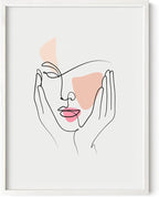 Aesthetic Face Wall Art Hands on Cheeks Continuous Line Drawing Abstract Pink Shapes 12x16 Inch Oak Wood White Framed Modern Portrait for Bedroom Vanity