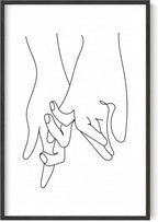 Holding Hands Wall Art Interlocking Fingers Continuous Line Drawing Love Connection 24x36 Inch Oak Wood Black Framed Modern Romance Print for Bedroom