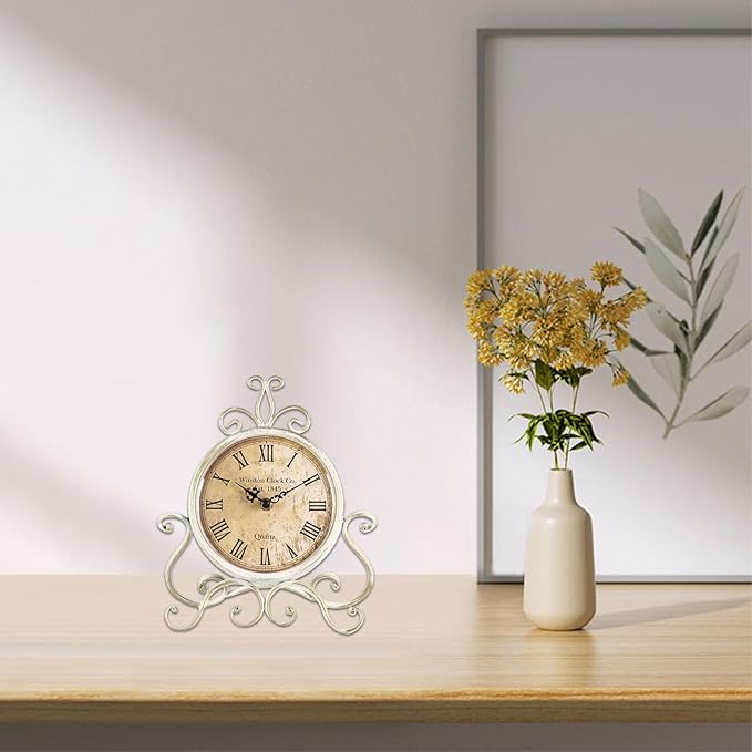 HZDHCLH Vintage Table Clocks for Living Room Bedroom Decor, Silent Decorative Farmhouse Shelf Clock Battery Operated, Small Rustic Mantel Clock with Roman Numerals (White)