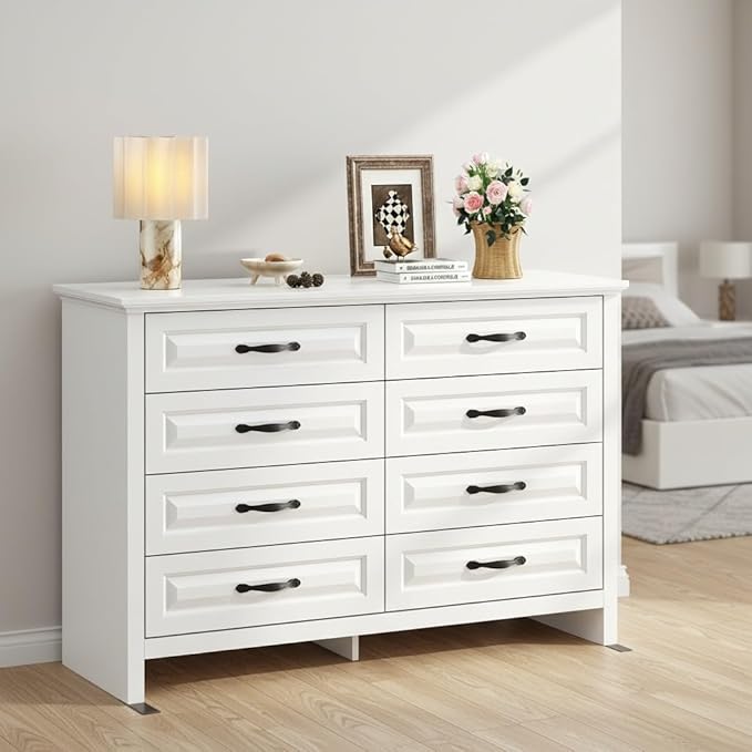 Marsail Farmhouse 8 Drawer Dresser, Wood Chest of Drawers with Natural Texture, Smooth Gliding Drawers, Versatile Storage Organizer Cabinet for Bedroom & Living Room, White