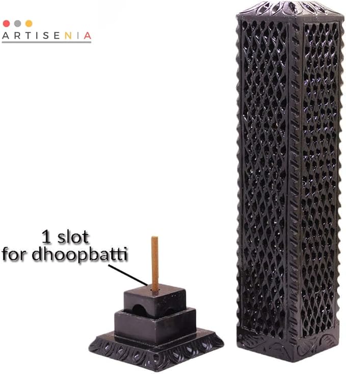 Handmade Soapstone Incense Stick Tower Holder | Marble Incense Stick Tower Burner | Aromatherapy Spa Fragrance Accessory for Home & Office Décor (11 x 3 Inches) (Black)