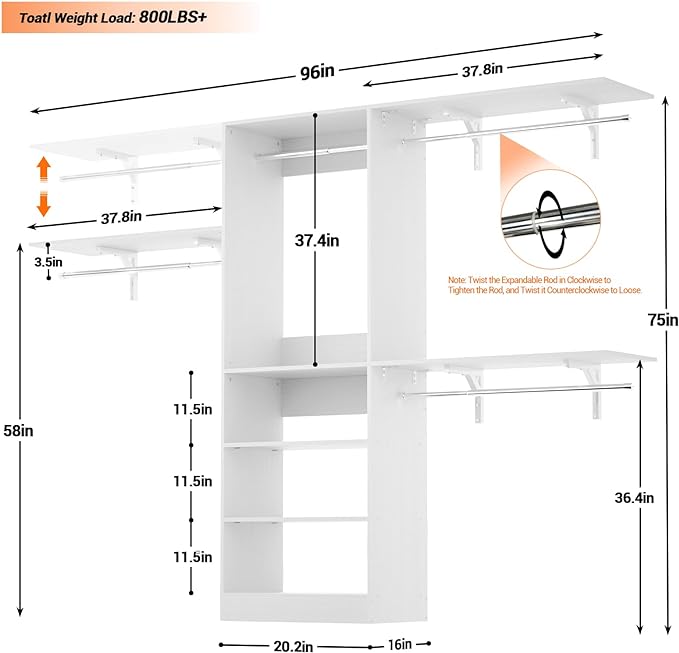 8FT Closet System with Shelves, 96'' Closet Organizer System with 3 Hanging Rods, Wall Mount Bedroom Wardrobe Walk-in Closet, Adjustable Cloth Garment Rack from 5 to 8FT (Cut to Fit), White
