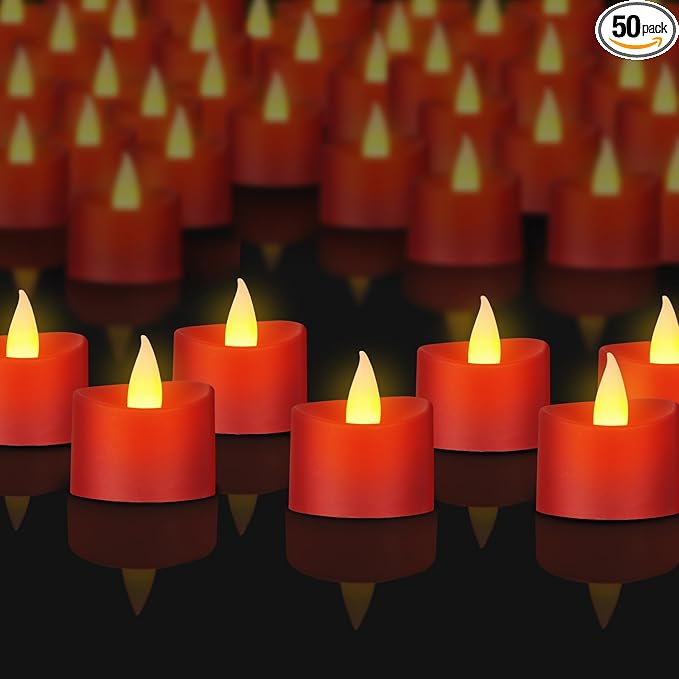 50 Pack Realistic Flameless LED Tea Lights with Red Base, Battery Operated Fake Candles with Flickering Moving Flame, Electric Votives for Valentine's Day, Wedding, Christmas, Romantic Decor