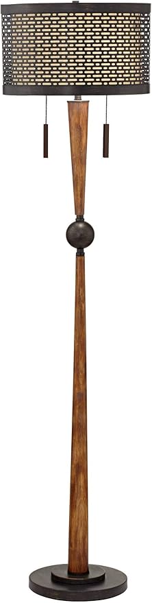 Franklin Iron Works Hunter Modern Mid Century Farmhouse Rustic Floor Lamp 64" Tall Bronze Cherry Wood Perforated Metal Cream Linen Double Drum Shade for Living Room Reading Bedroom Office House