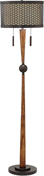 Franklin Iron Works Hunter Modern Mid Century Farmhouse Rustic Floor Lamp 64" Tall Bronze Cherry Wood Perforated Metal Cream Linen Double Drum Shade for Living Room Reading Bedroom Office House