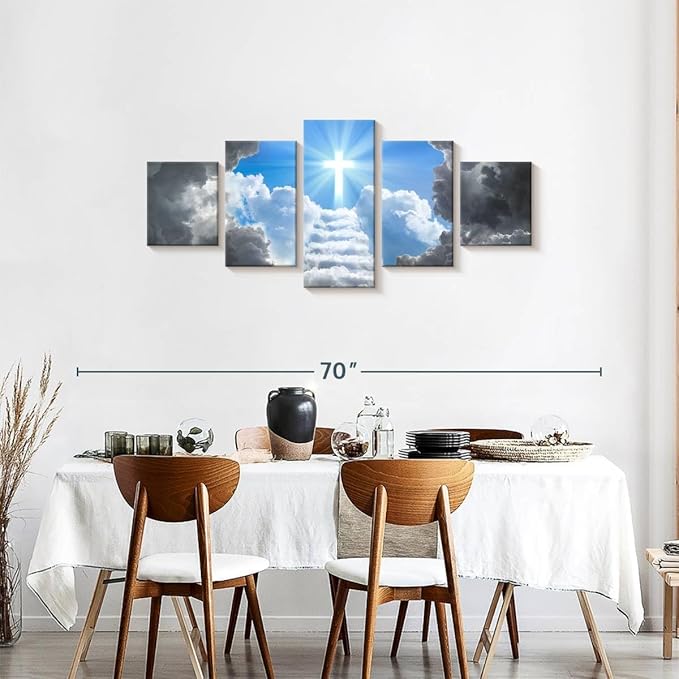 Elephant Stock Stairway To Jesus Christ Wall Art Multi Piece Canvas - 5 Panel Christian Pictures Decor - Digital Design Canvas Print - Christian Wall Decor - 55" X 24"