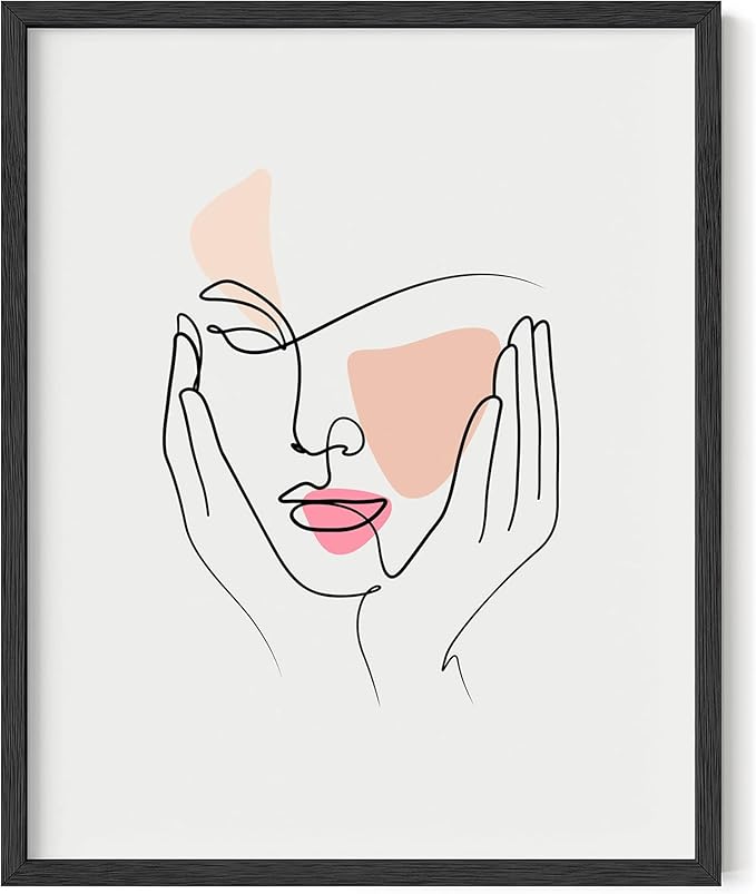 Aesthetic Face Wall Art Hands on Cheeks Continuous Line Drawing Abstract Pink Shapes 16x20 Inch Oak Wood Black Framed Modern Portrait for Bedroom Vanity