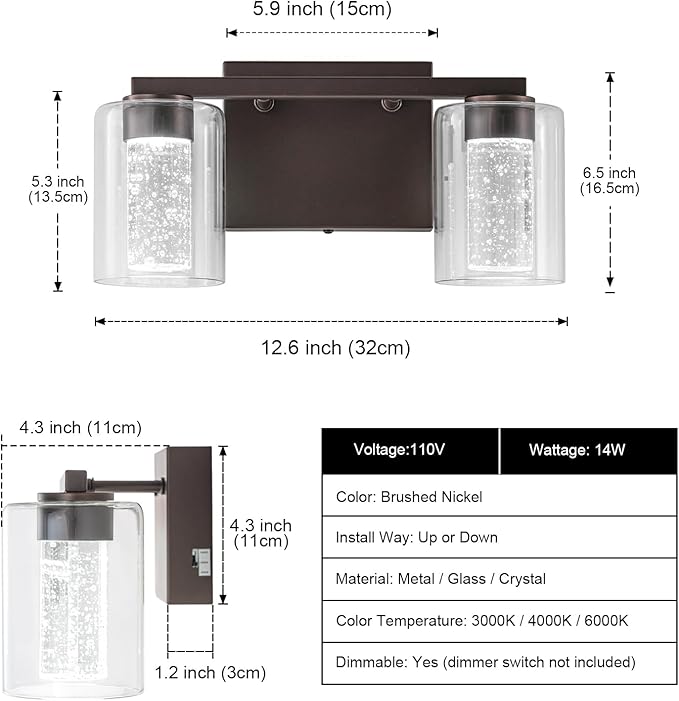 SineRise 2-Light Bronze Vanity Light with 3 Color Modes (3000K/4000K/6000K), Eye Protection LED Bathroom Light Fixture, Dimmable Modern Wall Light Over Mirror with Clear Glass Shade