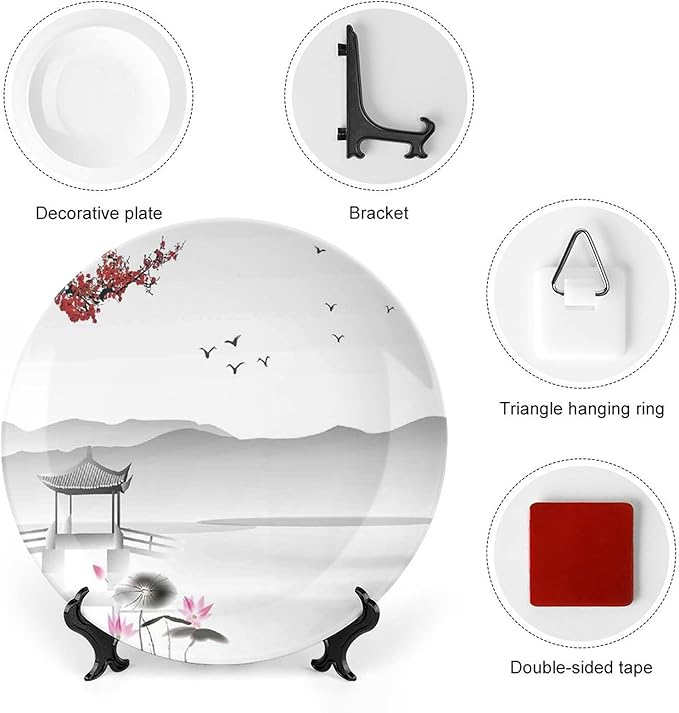 Ceramic Plates, Asian Decorative Ceramic Plates, Japanese Style Garden Bird Small Pavilion, 6 Inch, for Dining, Parties, Wedding, Grey Pink Red