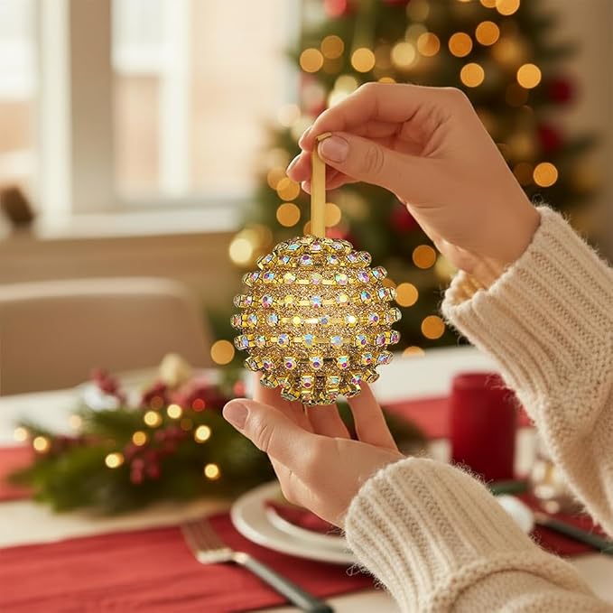 Iridescent Crystal Rhinestone Ball Ornaments, 4 Pack Handcrafted Sparkling Christmas Tree Decorations, Hanging Ornaments for Holiday & Home Décor in Luxury Gift Box
